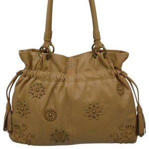 Isabella Fiore Tan Leather Studded Embroidered Bag